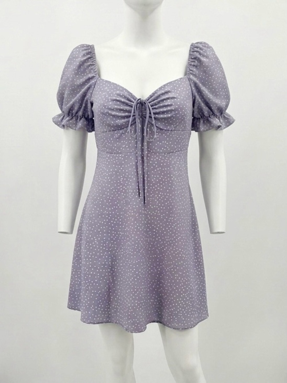 Lavender Polka Dot Puff Sleeve Milkmaid Mini Sun Dress Ruched Tie Front - Size L